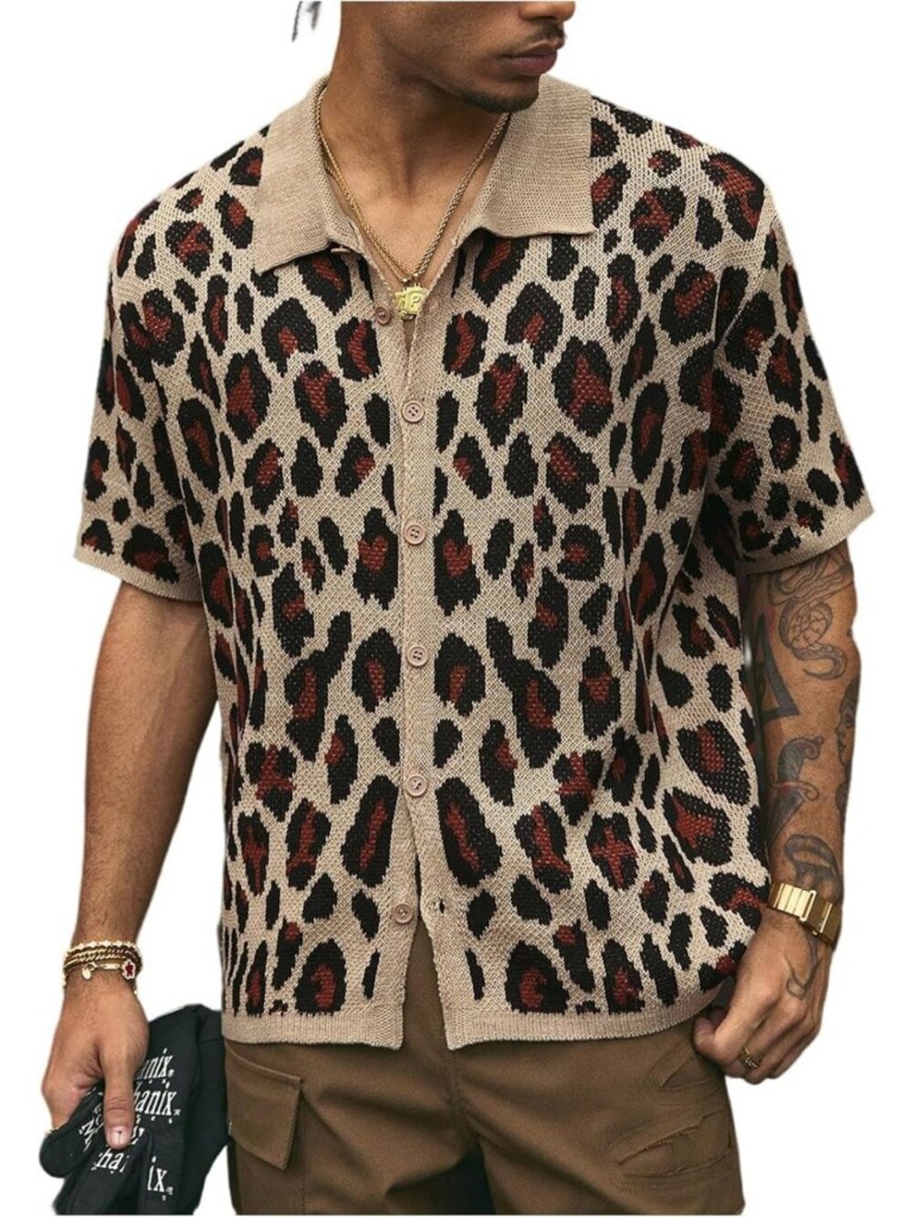 Stylish Men's Leopard Print Short Sleeve Button Down Shirt - Trendy Cardigan Top